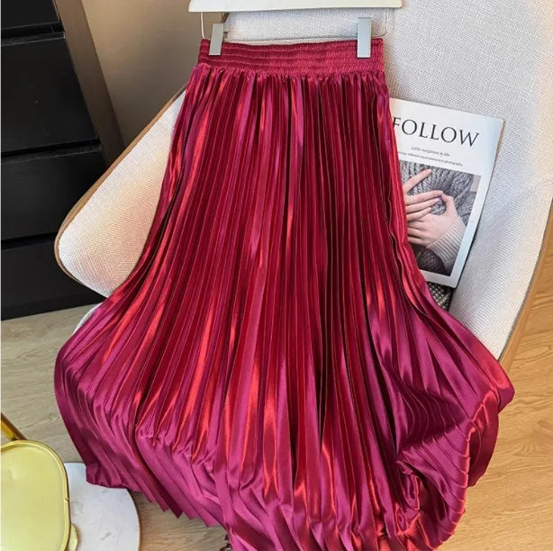 LVSANW Seoulish 2025 New Spring Summer Satin Pleated Long Skirts Chic High Waist Elegant Beach Solid Umbrella Maxi Skirt Female