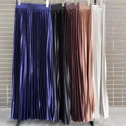 LVSANW Seoulish 2025 New Spring Summer Satin Pleated Long Skirts Chic High Waist Elegant Beach Solid Umbrella Maxi Skirt Female