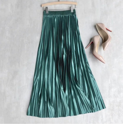 LVSANW Seoulish 2025 New Spring Summer Satin Pleated Long Skirts Chic High Waist Elegant Beach Solid Umbrella Maxi Skirt Female