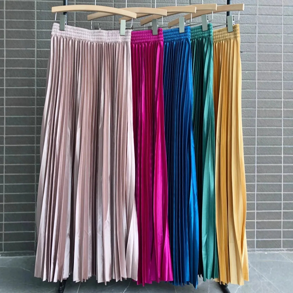 LVSANW Seoulish 2025 New Spring Summer Satin Pleated Long Skirts Chic High Waist Elegant Beach Solid Umbrella Maxi Skirt Female