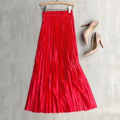 LVSANW Seoulish 2025 New Spring Summer Satin Pleated Long Skirts Chic High Waist Elegant Beach Solid Umbrella Maxi Skirt Female