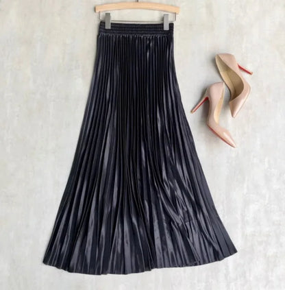 LVSANW Seoulish 2025 New Spring Summer Satin Pleated Long Skirts Chic High Waist Elegant Beach Solid Umbrella Maxi Skirt Female