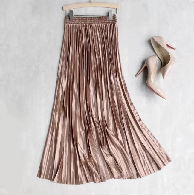 LVSANW Seoulish 2025 New Spring Summer Satin Pleated Long Skirts Chic High Waist Elegant Beach Solid Umbrella Maxi Skirt Female