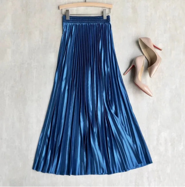 LVSANW Seoulish 2025 New Spring Summer Satin Pleated Long Skirts Chic High Waist Elegant Beach Solid Umbrella Maxi Skirt Female