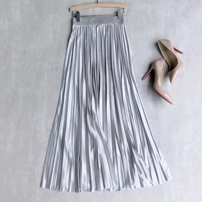 LVSANW Seoulish 2025 New Spring Summer Satin Pleated Long Skirts Chic High Waist Elegant Beach Solid Umbrella Maxi Skirt Female