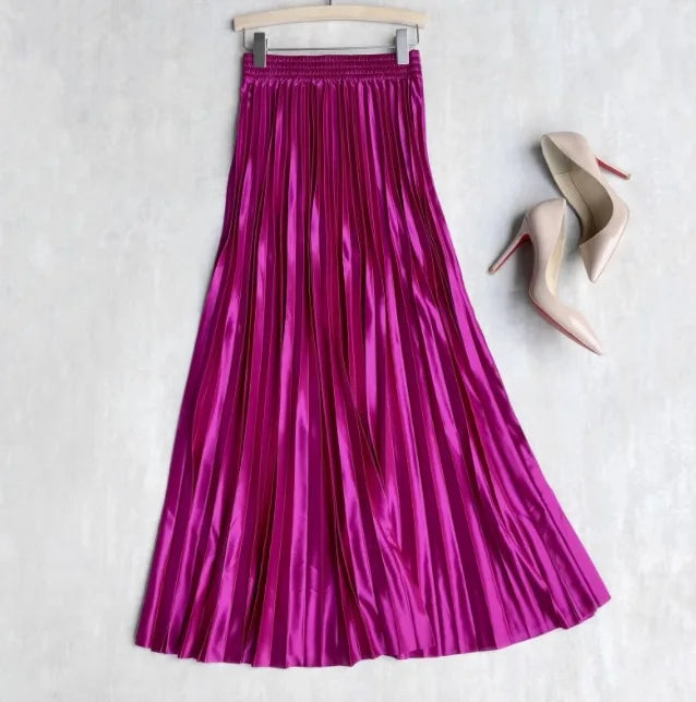 LVSANW Seoulish 2025 New Spring Summer Satin Pleated Long Skirts Chic High Waist Elegant Beach Solid Umbrella Maxi Skirt Female