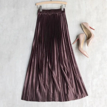 LVSANW Seoulish 2025 New Spring Summer Satin Pleated Long Skirts Chic High Waist Elegant Beach Solid Umbrella Maxi Skirt Female