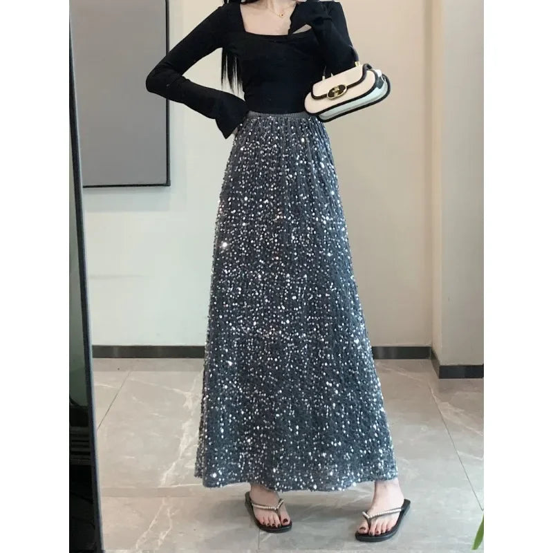 LVSANW Sequin Clothing Harajuku Y2K Fashion Women Black Streetwear Elegant High Waist Korean Casual All Match A Line Fashion Skirts