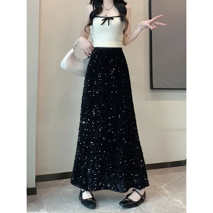 LVSANW Sequin Clothing Harajuku Y2K Fashion Women Black Streetwear Elegant High Waist Korean Casual All Match A Line Fashion Skirts