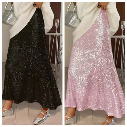 LVSANW Sequin Long Skirt Women Korean Fashion High Waist A-line Patchwork Slim Elegant Party Midi Skirt Autumn Casual