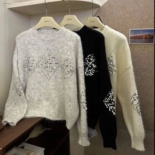 LVSANW Sequin Splicing Temperament Versatile Crew Neck Sweater 2025 Women's Autumn and Winter Threaded Elastic Loose Premium Pullover