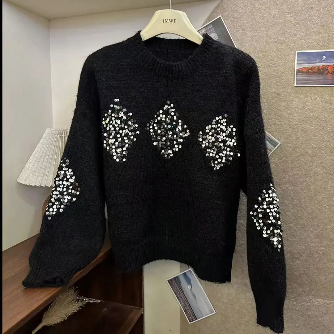 LVSANW Sequin Splicing Temperament Versatile Crew Neck Sweater 2025 Women's Autumn and Winter Threaded Elastic Loose Premium Pullover