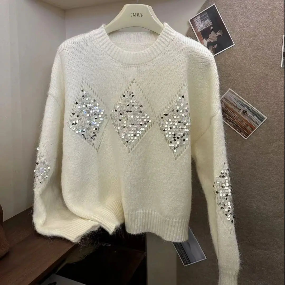 LVSANW Sequin Splicing Temperament Versatile Crew Neck Sweater 2025 Women's Autumn and Winter Threaded Elastic Loose Premium Pullover