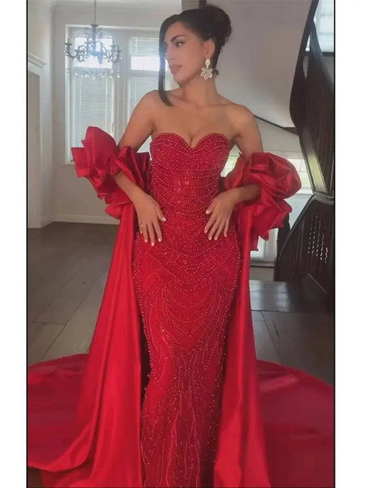 LVSANW Serene Hill Customized Red Long Cape Pearls Beaded Mermaid Evening Dresses Gowns For Formal Occasion 2025 LA72585A