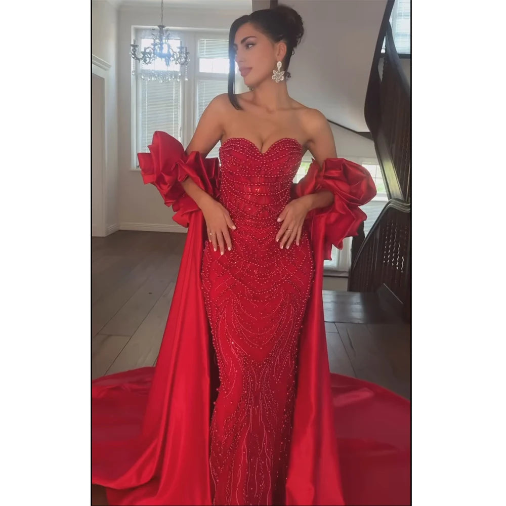 LVSANW Serene Hill Customized Red Long Cape Pearls Beaded Mermaid Evening Dresses Gowns For Formal Occasion 2025 LA72585A