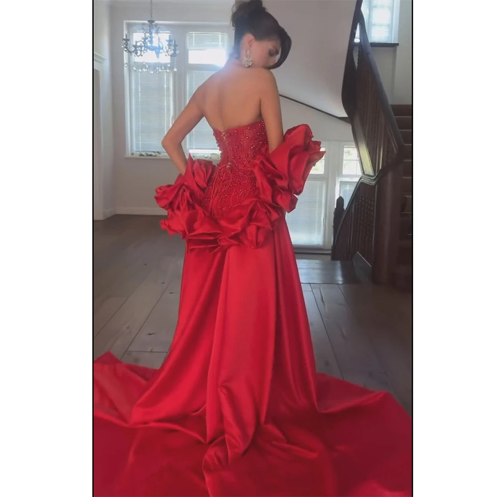 LVSANW Serene Hill Customized Red Long Cape Pearls Beaded Mermaid Evening Dresses Gowns For Formal Occasion 2025 LA72585A