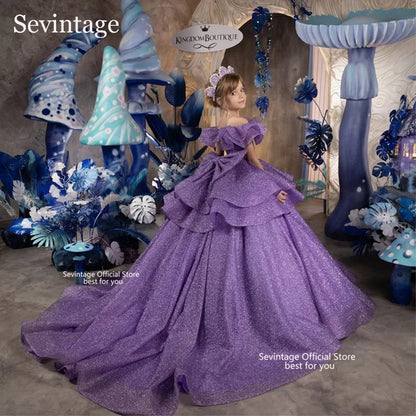 LVSANW Sevintage Purple Flower Girls Dresses Children Off The Shoulder Birthday Party Dresses Tiered Ball Gown Wedding Dress Customized