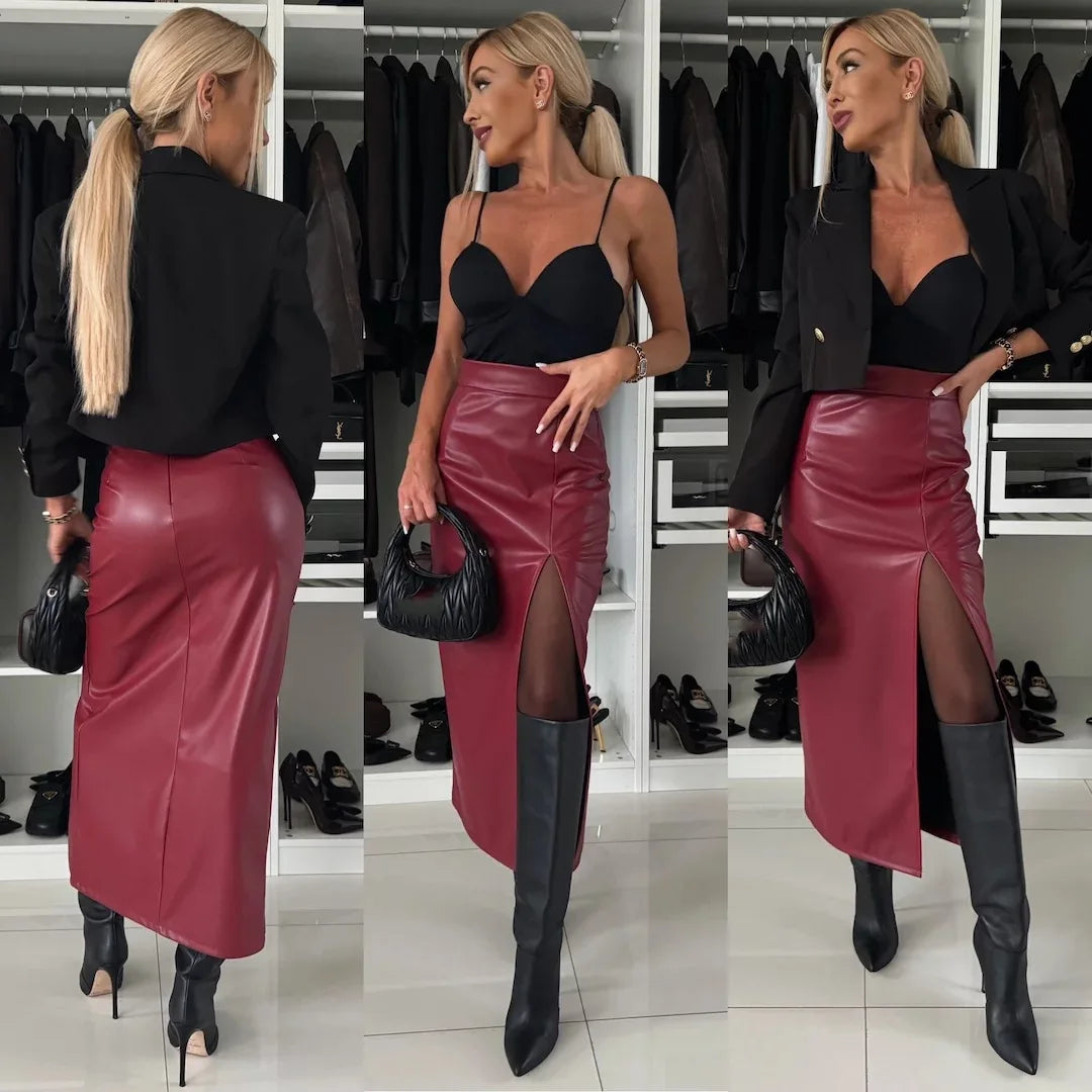 LVSANW Sexy And Fashionable Women's Hip Hugging Leather Skirt Solid Color Slit High Waist Versatile Women's Half Skirt New Autumn 2025