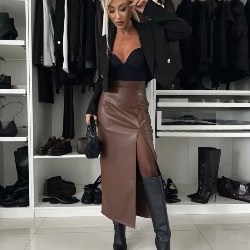 LVSANW Sexy And Fashionable Women's Hip Hugging Leather Skirt Solid Color Slit High Waist Versatile Women's Half Skirt New Autumn 2025