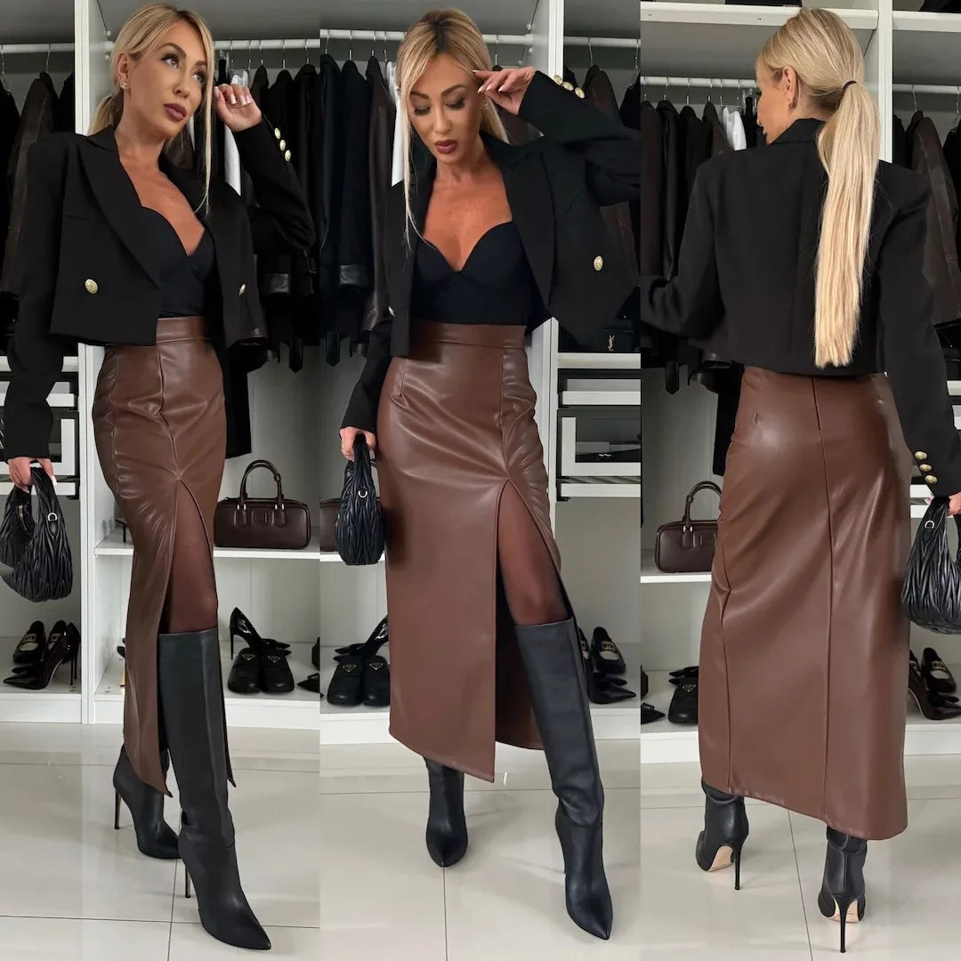 LVSANW Sexy And Fashionable Women's Hip Hugging Leather Skirt Solid Color Slit High Waist Versatile Women's Half Skirt New Autumn 2025