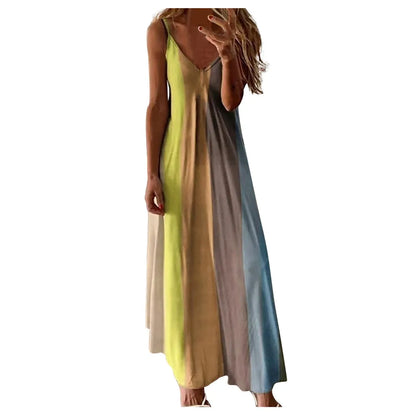 LVSANW Sexy Backless Slip Long Chiffon Beach Sling Dress For Women 2024 Summer Vacation Contrasting V Neck Holiday Beachwear Dresses