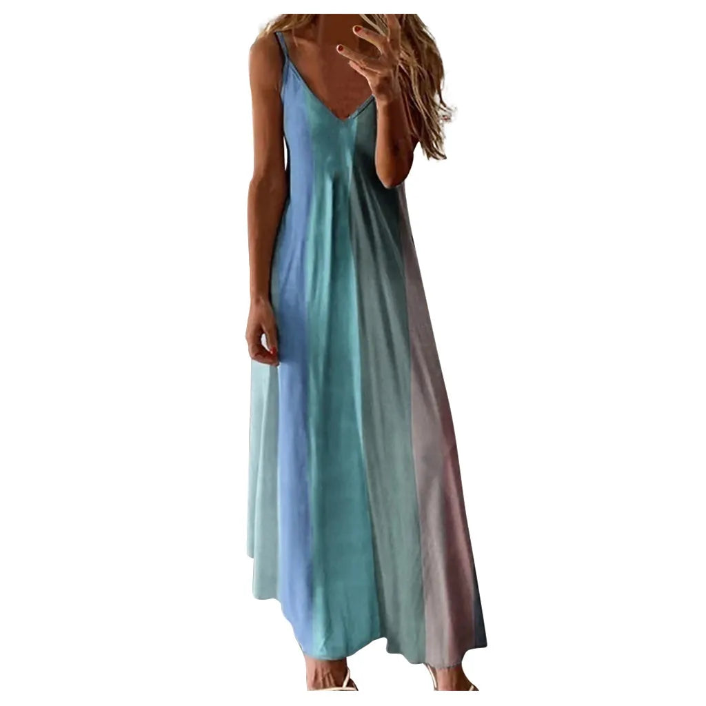 LVSANW Sexy Backless Slip Long Chiffon Beach Sling Dress For Women 2024 Summer Vacation Contrasting V Neck Holiday Beachwear Dresses