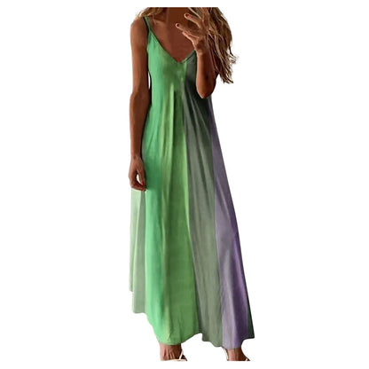 LVSANW Sexy Backless Slip Long Chiffon Beach Sling Dress For Women 2024 Summer Vacation Contrasting V Neck Holiday Beachwear Dresses