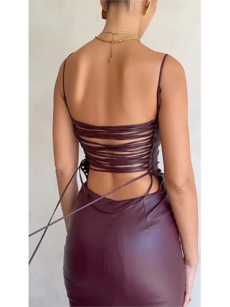 LVSANW Sexy Bandage Backless Pu Leather Dress Women Elegant Banquet Party Formal Vestidos Christmas Night Club Outfits Robes