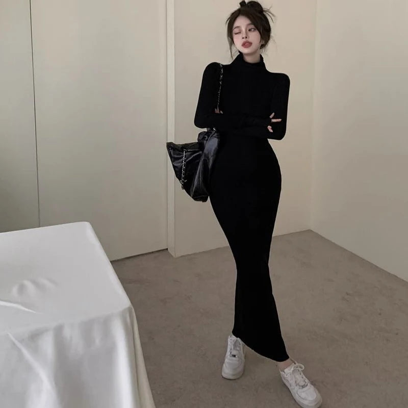 LVSANW Sexy Black Turtleneck Knitted Bodycon Dress Women Autumn Winter Long Sleeve Sweater Dress Woman Korean Bottoming Long Dresses