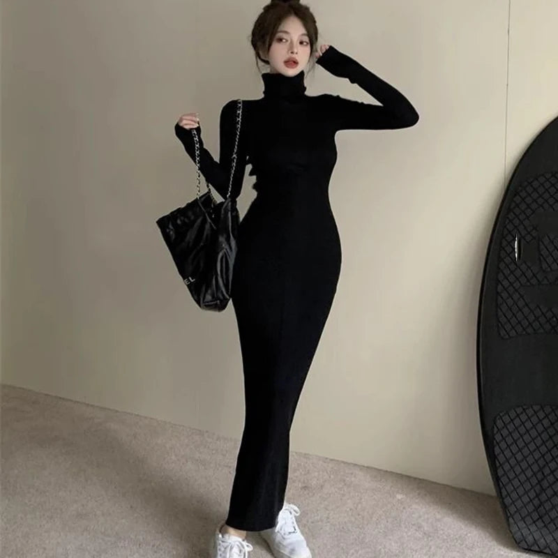 LVSANW Sexy Black Turtleneck Knitted Bodycon Dress Women Autumn Winter Long Sleeve Sweater Dress Woman Korean Bottoming Long Dresses