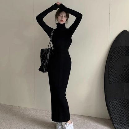 LVSANW Sexy Black Turtleneck Knitted Bodycon Dress Women Autumn Winter Long Sleeve Sweater Dress Woman Korean Bottoming Long Dresses