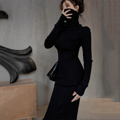 LVSANW Sexy Black Turtleneck Knitted Bodycon Dress Women Autumn Winter Long Sleeve Sweater Dress Woman Korean Bottoming Long Dresses