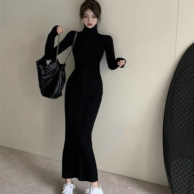 LVSANW Sexy Black Turtleneck Knitted Bodycon Dress Women Autumn Winter Long Sleeve Sweater Dress Woman Korean Bottoming Long Dresses