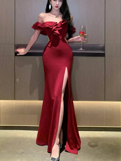 LVSANW Sexy Bodycon Long Dresses for Women Wedding Evening Party Prom Robe Ruffles Slash Neck High Split Hollow Out Summer New Vestido