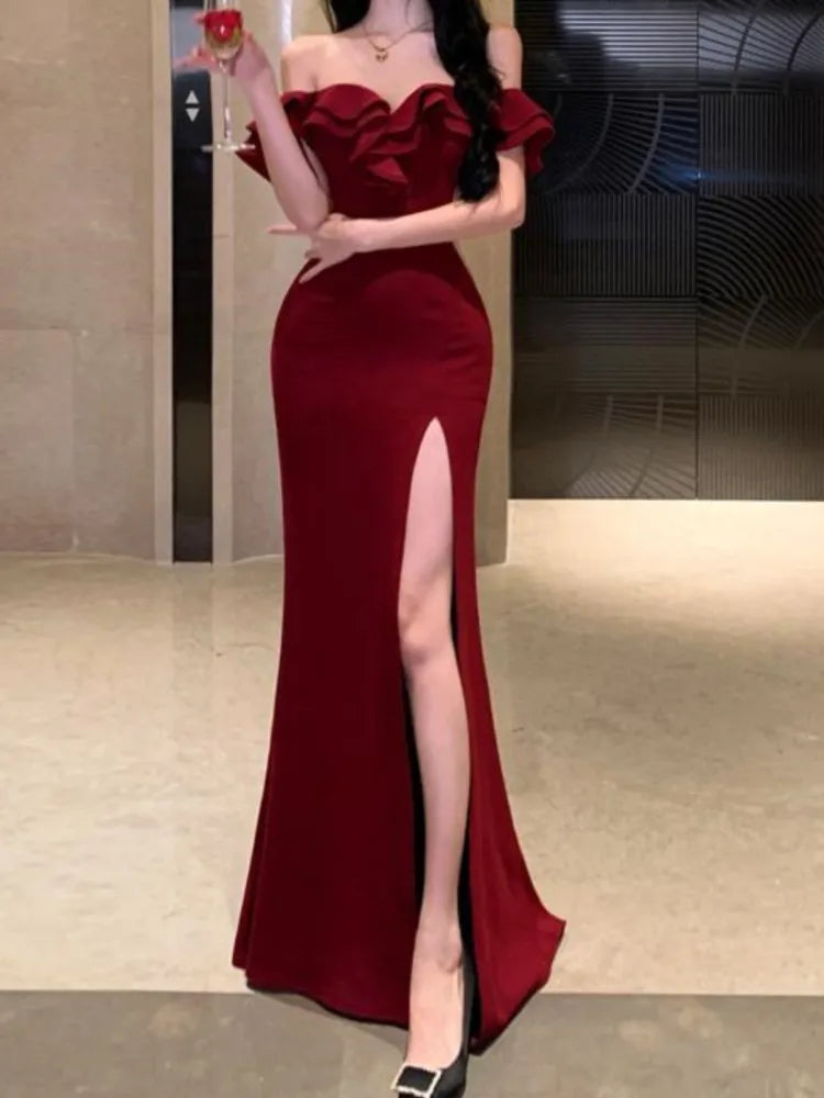 LVSANW Sexy Bodycon Long Dresses for Women Wedding Evening Party Prom Robe Ruffles Slash Neck High Split Hollow Out Summer New Vestido