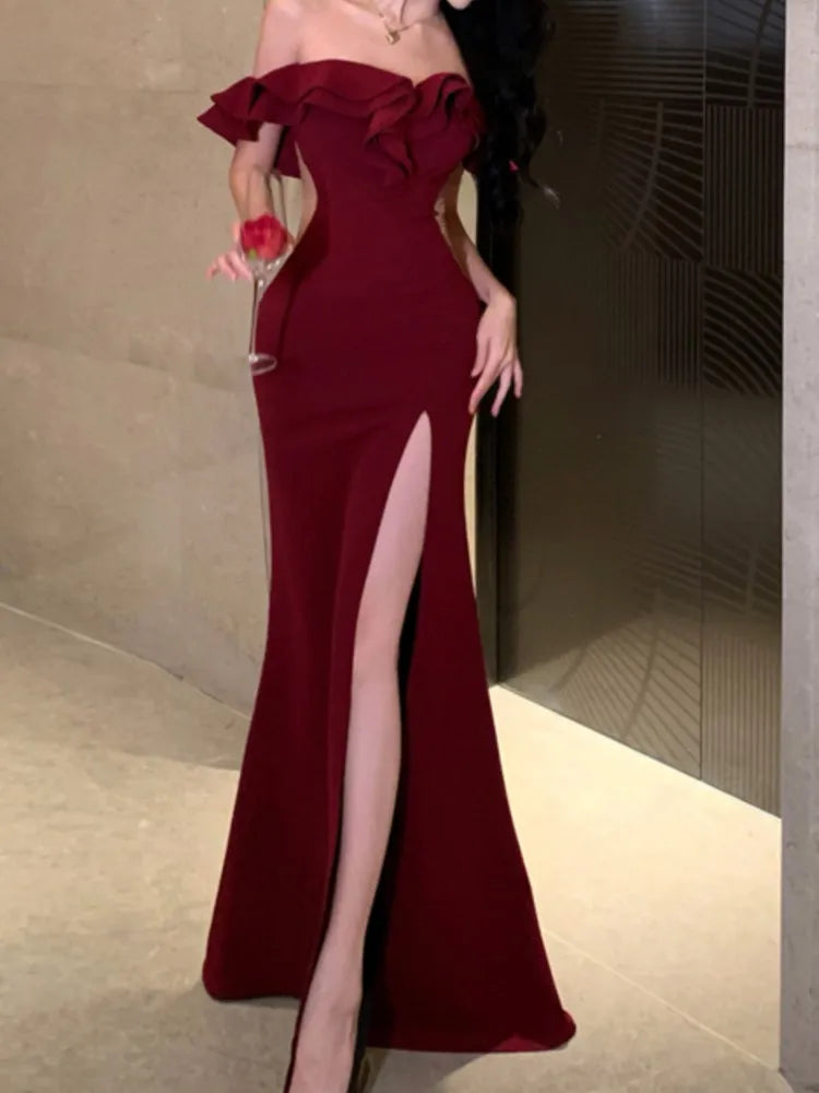 LVSANW Sexy Bodycon Long Dresses for Women Wedding Evening Party Prom Robe Ruffles Slash Neck High Split Hollow Out Summer New Vestido