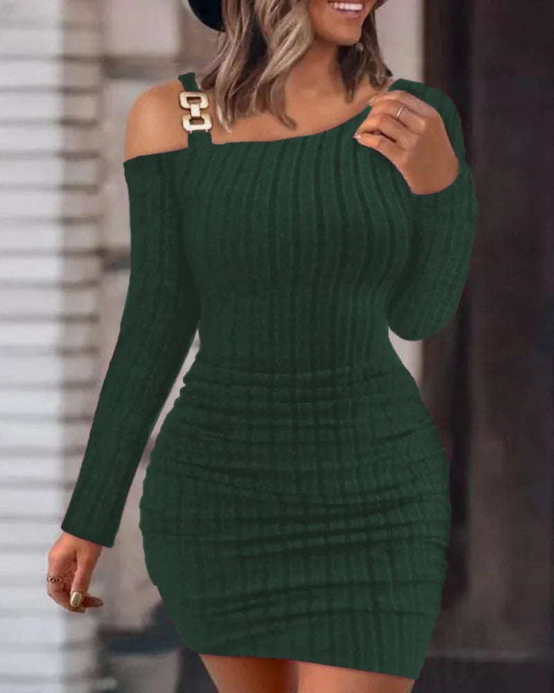 LVSANW Sexy Chain Off Shoulder Mini Dress Women Autumn Fashion Bodycon Long Sleeve Dresses For Women Winter Skinny Knitted Vestidaos