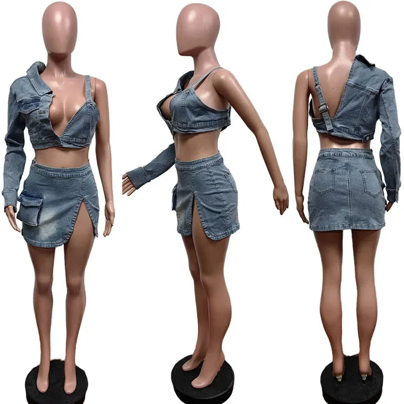 LVSANW Sexy Club Party Denim Two Piece Set for Women Y2K Clothing Asymmetric One Sleeve Crop Top and Mini Skirt Matching Sets Outfits