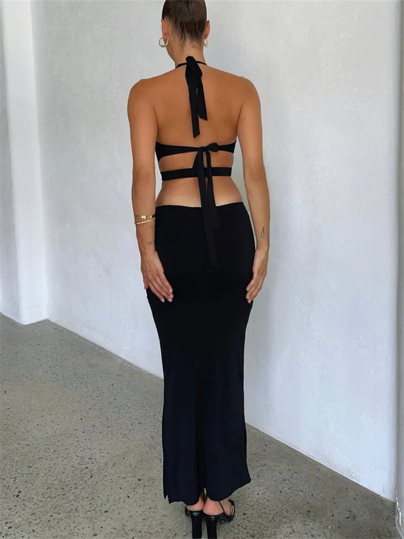 LVSANW Sexy Cutout Halter Neck Backless Maxi Dress Tie-Up Black Elegant Cocktail Party Dresses for Women Clothing 2024 Autumn Fashion