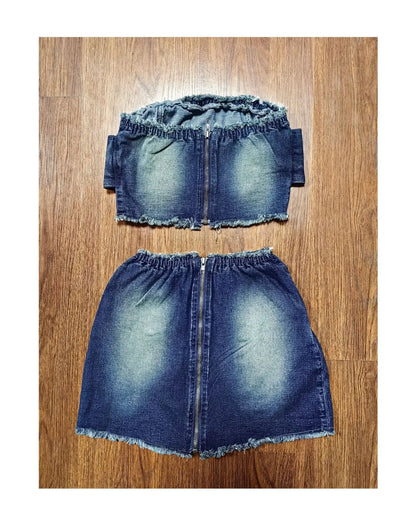 LVSANW Sexy Denim Two Pieces Skirt Set Strapless Sleeveless Zipper Tube Top Mini Skirts Suit Night Club Party Jean Women Clothings 2024