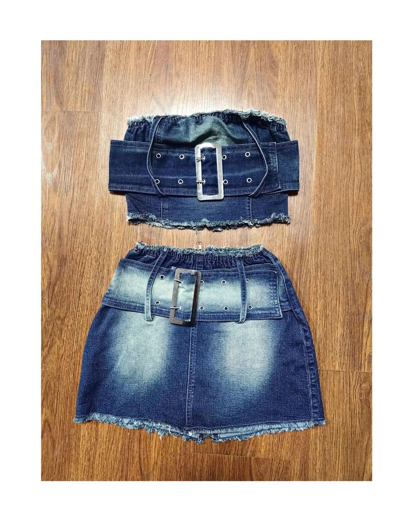 LVSANW Sexy Denim Two Pieces Skirt Set Strapless Sleeveless Zipper Tube Top Mini Skirts Suit Night Club Party Jean Women Clothings 2024