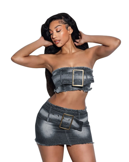 LVSANW Sexy Denim Two Pieces Skirt Set Strapless Sleeveless Zipper Tube Top Mini Skirts Suit Night Club Party Jean Women Clothings 2024