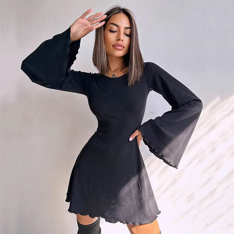 LVSANW Sexy Dresses Nightclub Mini Short Party Dress Women Back Bandage O Neck A Line Flare Sleeves Autumn Vestidos Ladies Fall Robe