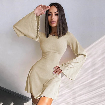 LVSANW Sexy Dresses Nightclub Mini Short Party Dress Women Back Bandage O Neck A Line Flare Sleeves Autumn Vestidos Ladies Fall Robe