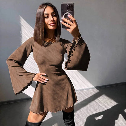 LVSANW Sexy Dresses Nightclub Mini Short Party Dress Women Back Bandage O Neck A Line Flare Sleeves Autumn Vestidos Ladies Fall Robe