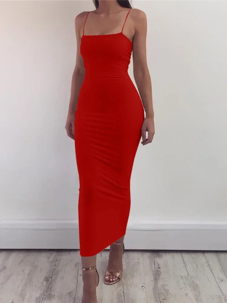 LVSANW Sexy Elegant Wrap Body High Waist Maxi Bodycon Dress Women Spaghetti Strap Solid Color Sleeveless Dress Club Party Vestidos