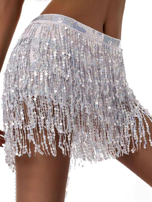 LVSANW Sexy Female Hip Scarf Belly Dance Skirt Holographic Sequin Fringe Trim Tie Side Skinny Skirt For Party Performance Costume