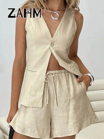 LVSANW Sexy Hanging Neck Coat Trousers Suit Women Women V-neck Sleeveless Tops High Waist Pant Suits Female 2024 Lady Commuter Outfit