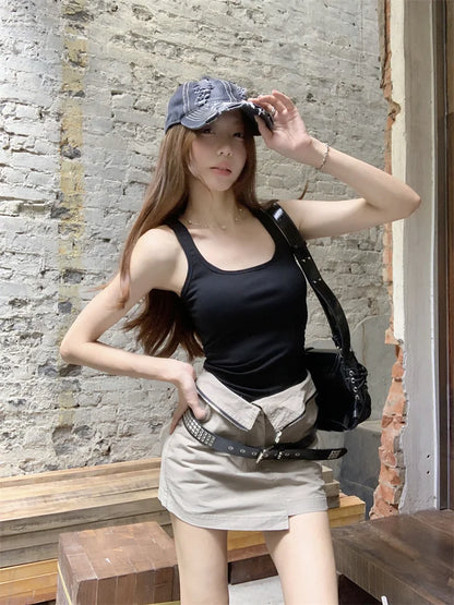 LVSANW Sexy Hot Girls New Summer Two Piece Skirt Sets Square Neck Sleeve Slim Vest Tops + High Waist Slim Cargo Skirts Female Outfits