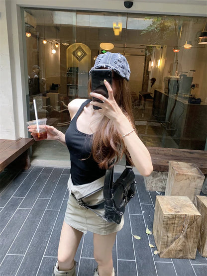 LVSANW Sexy Hot Girls New Summer Two Piece Skirt Sets Square Neck Sleeve Slim Vest Tops + High Waist Slim Cargo Skirts Female Outfits